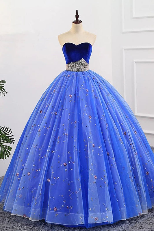Ball Gown Sweetheart Strapless Blue Prom Dresses with Beading, Tulle Quinceanera Dresses STC15073