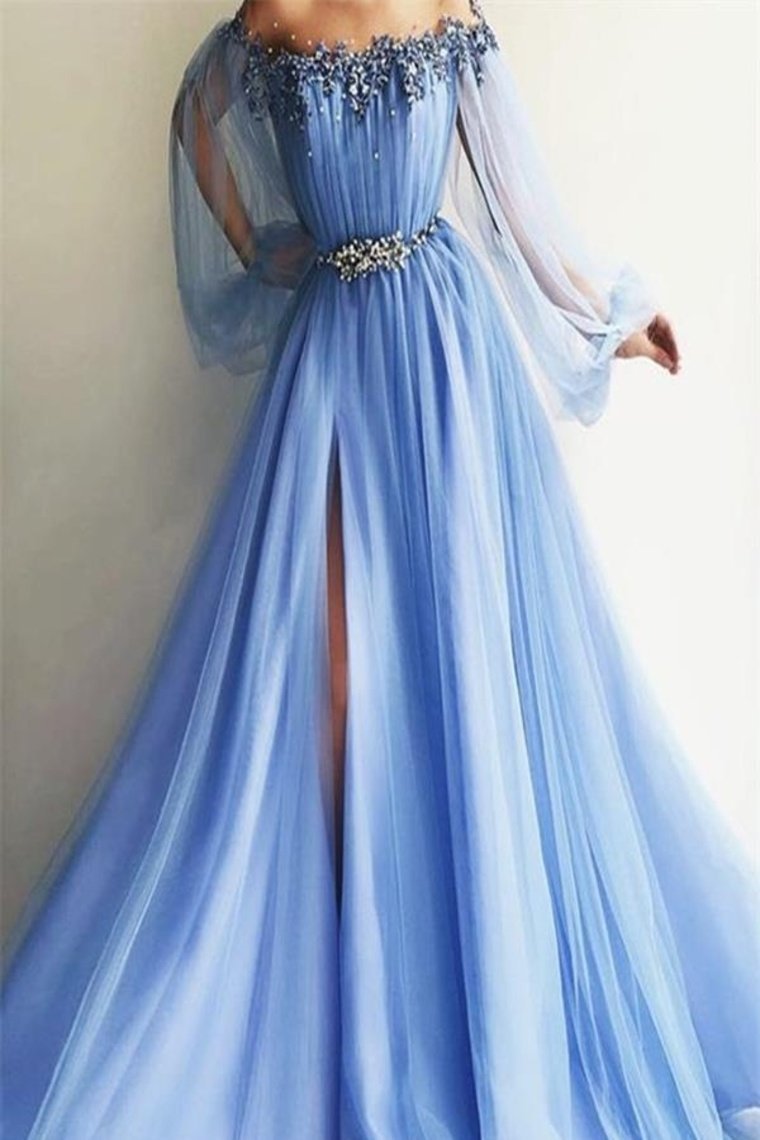 Newest Long Beading Lace Tulle A-Line Blue Prom Dresses Evening