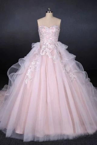 Ball Gown Strapless Sweetheart Wedding Dresses with Lace Applique, Tulle Prom Dresses STC15070