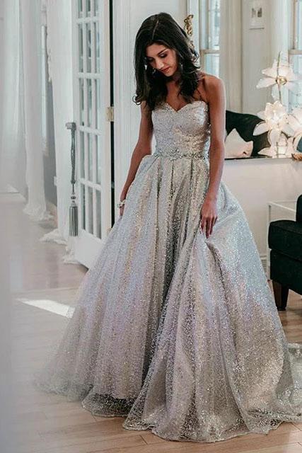 Sparkly Sweetheart Silver Long Prom Dresses Sequins Beads Formal Dresses STC15432