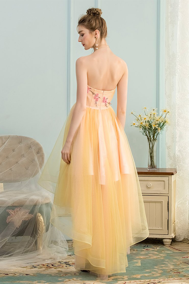 A-Line Sweetheart High Low Yellow Stretch Satin Homecoming Dress with Appliques