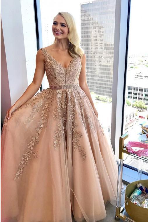 Charming A Line V Neck Beads Tulle Prom Dresses with Appliques, Floor Length Formal Dresses STC15092