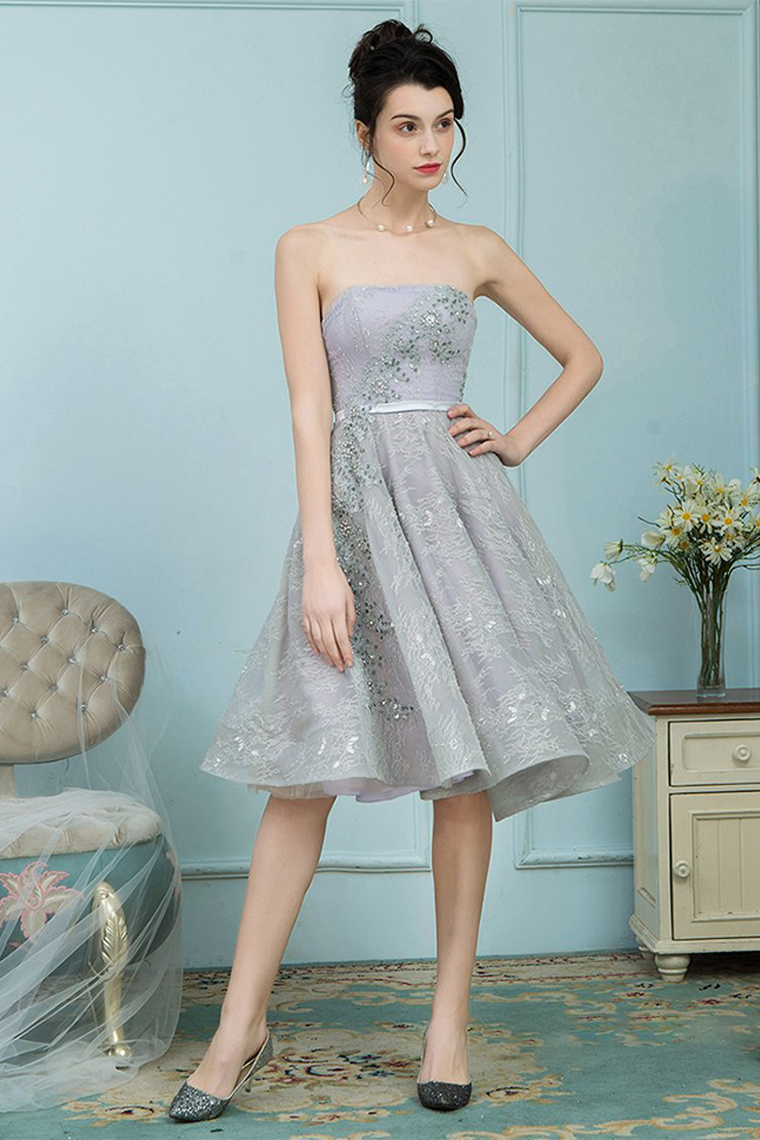 A-Line Strapless Grey Lace Homecoming Dress Ball Gown with Rhinestones