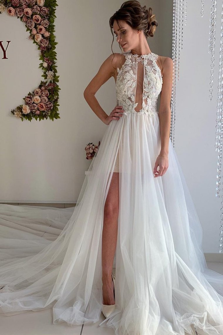A Line Appliques Ivory Open Back Wedding Dresses Long Beach Bridal STCP2PKLXCG