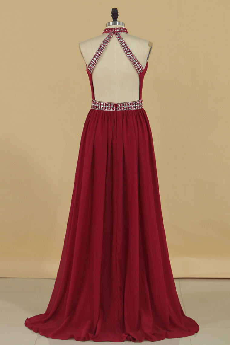 A Line High Neck Chiffon Prom Dresses With Beads Open Back Sweep Train