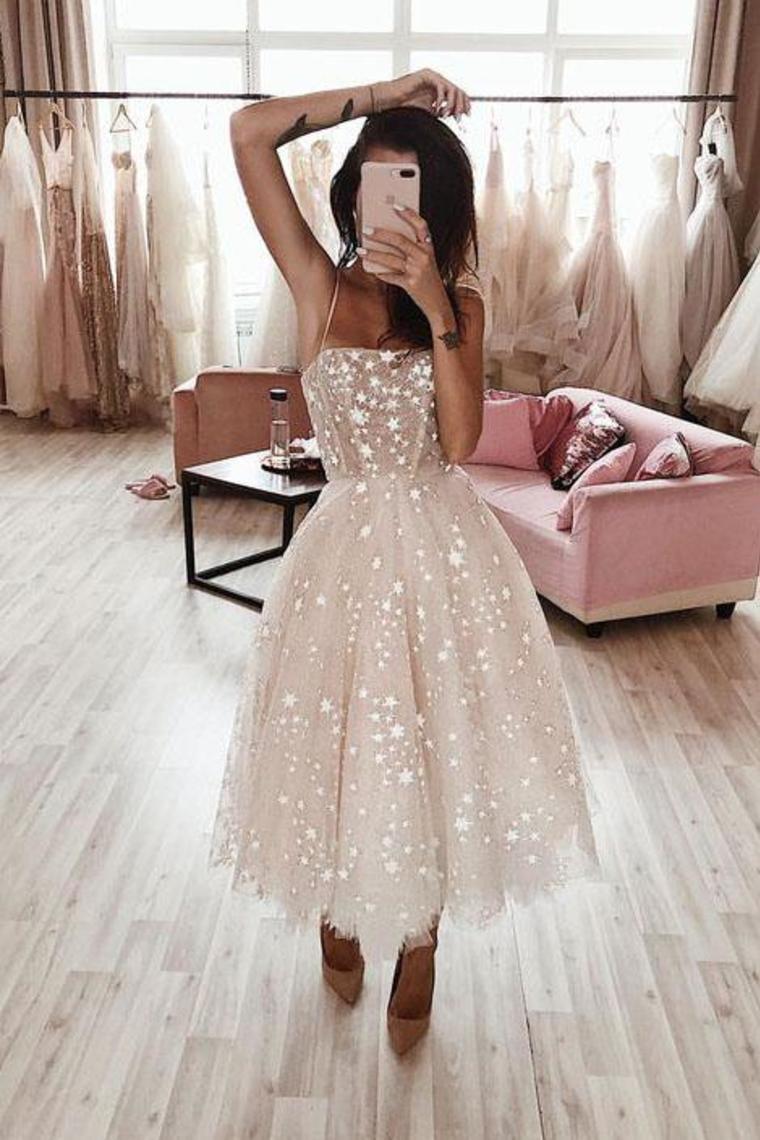 Spaghetti Strap Tea Length Starry Tulle Homecoming Dress Prom