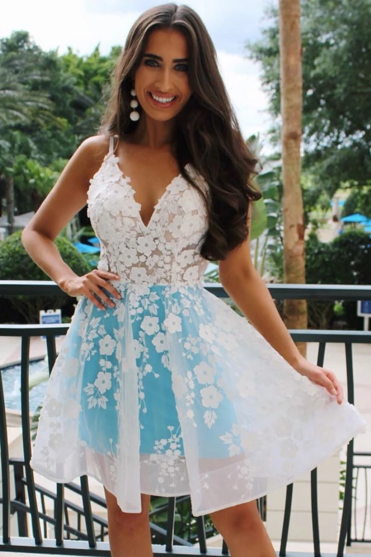 A Line V Neck Appliques Homecoming Dress Tulle (Unchangeable Outlayer, Color List For Lining