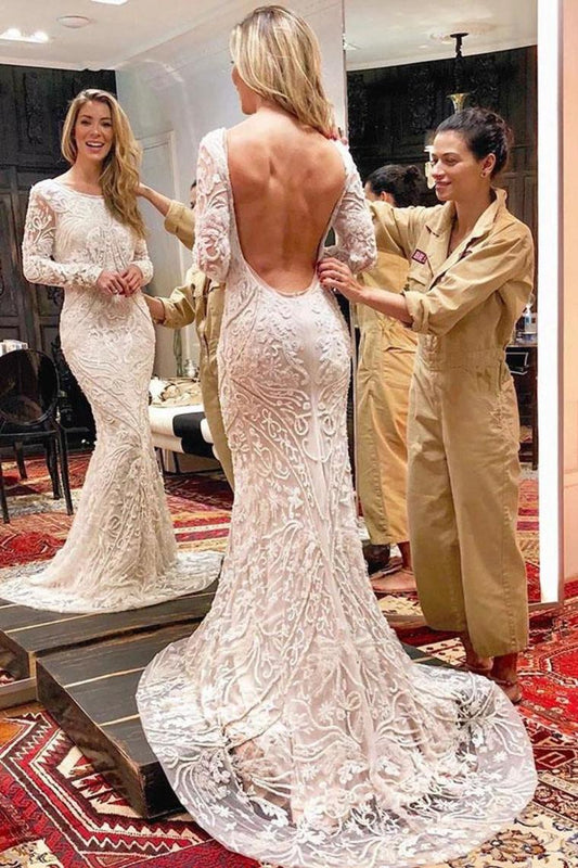 Ivory Backless Long Sleeves Mermaid Wedding Dress Embroidery& Beads Wedding STCPYJ9JRQB
