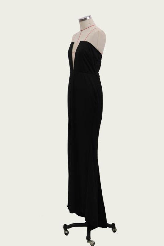 Sexy Black Mermaid V Neck Strapless Prom Dresses with Slit, Evening STC15663