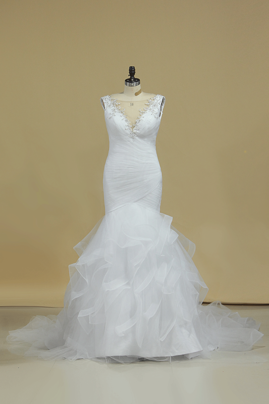 V Neck Mermaid Wedding Dresses Tulle With Applique And Ruffles Chapel