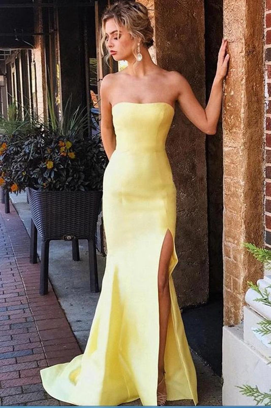 Sexy Yellow Satin Strapless Mermaid Prom Dresses, Sleeveless Evening Dresses with Split STC15372