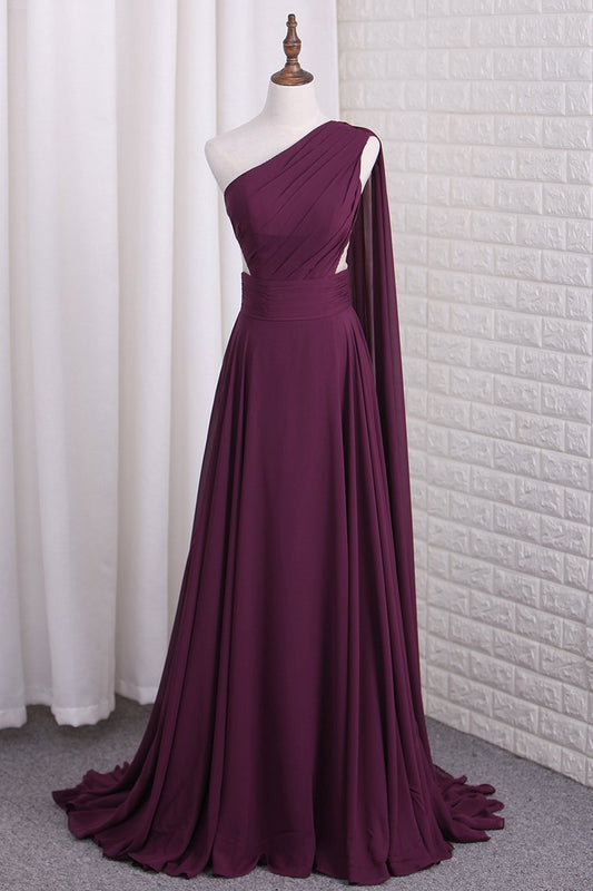 One Shoulder A Line Chiffon Prom Dresses With Ruffles Sweep