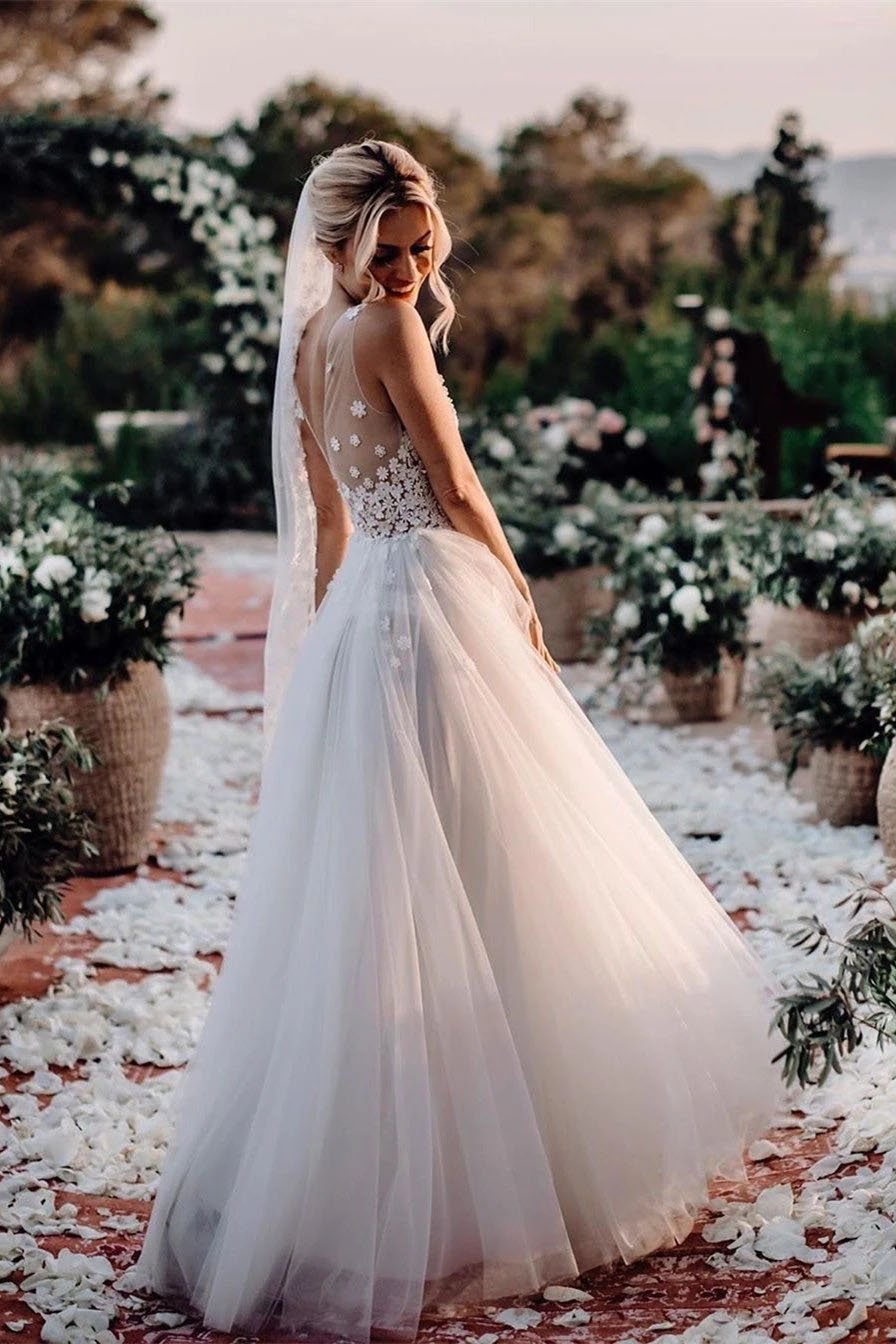 Elegant A Line V Neck Tulle Wedding Dresses with Flowers, V Back Beach Wedding Gowns STC15513