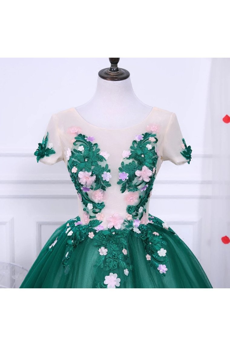 A Line Short Sleeves Tulle Floral Appliques Short Homecoming