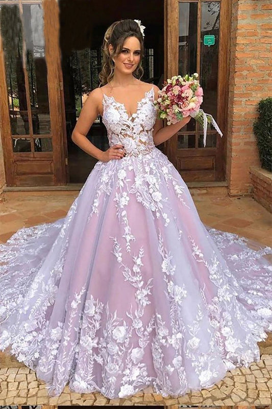 Ball Gown Spaghetti Straps V Neck Tulle Prom Dresses with Applique, Pink Wedding Dresses STC15069