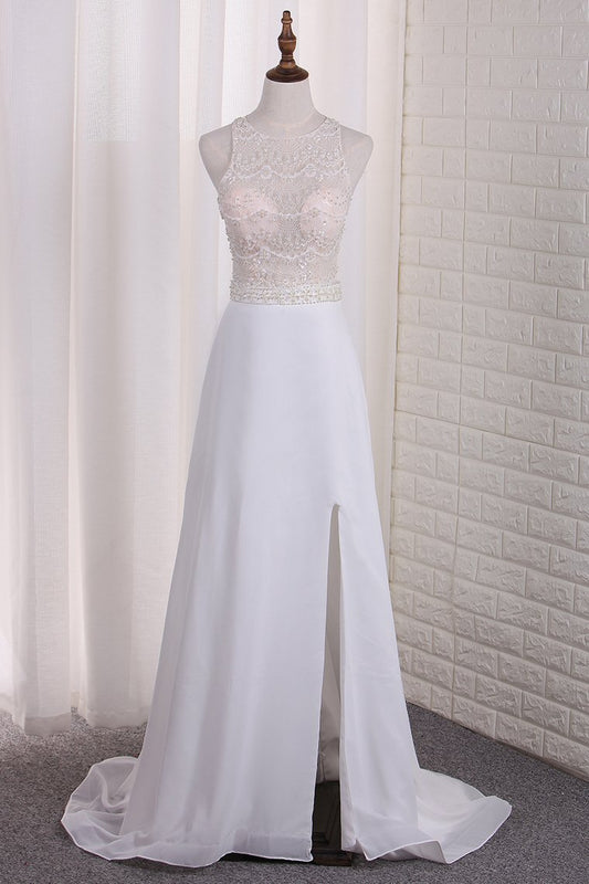 New Arrival A Line Scoop Chiffon & Lace Wedding Dresses With