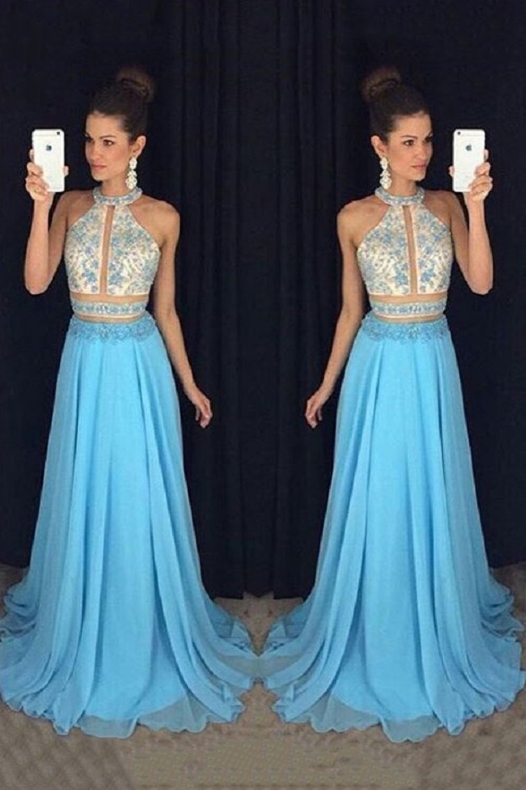 2024 Two Pieces Prom Dresses A-Line Chiffon With Beaded Bodice Sweep