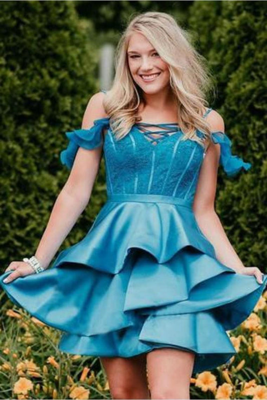 A Line Off The Shoulder Satin Tired Mini Homecoming Dresses,Short Prom