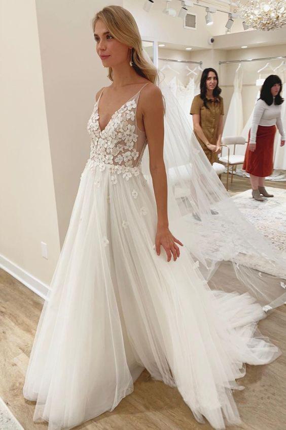 Elegant A line Spaghetti Straps V Neck Tulle Wedding Dresses, Wedding STC20411