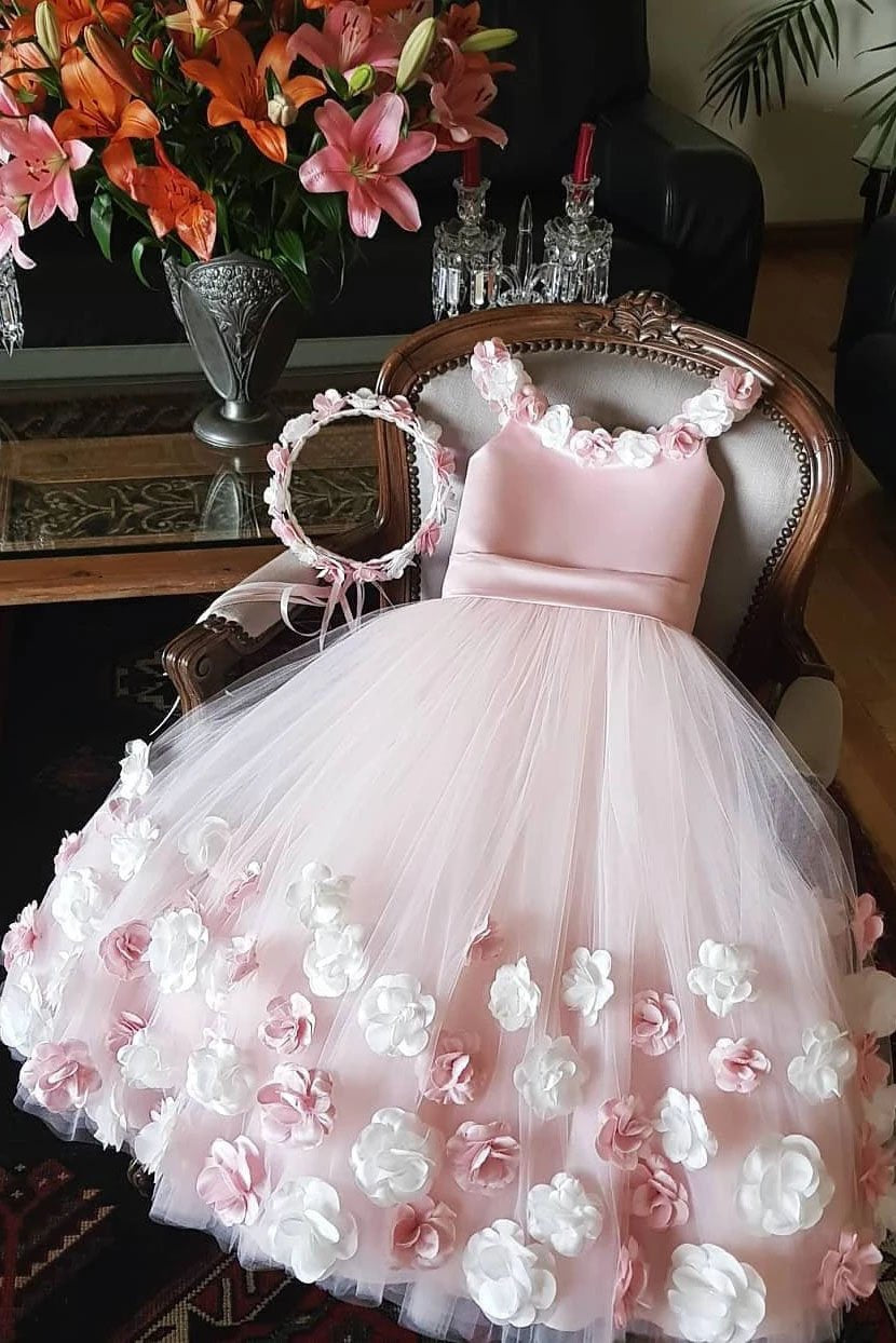 A Line Round Neck Pink Hand Made Flowers Flower Girl Dresses Tulle Wedding Party Dresses STC15019