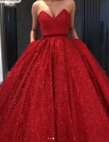 Sparkly Ball Gown Burgundy Strapless Sweetheart Prom Dresses, Long Quinceanera Dresses STC15428