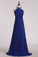 Dark Royal Blue Halter Bridesmaid Dresses Chiffon With Beading Floor Length