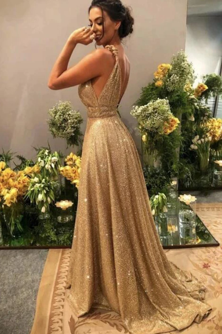 Gold V Neck Sequins Formal Dresses A Line Sleeveless Sparkly Sweep Train Prom STCPST6TC5H