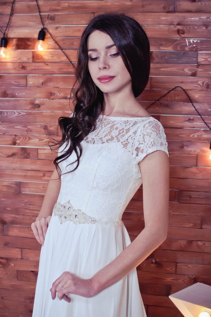 Lace Romantic White Chiffon A-Line Floor-Length Bateau Short Sleeve Wedding Dress