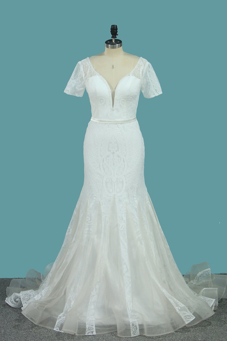Short Sleeve Wedding Dresses Tulle Mermaid With Applique And Sash