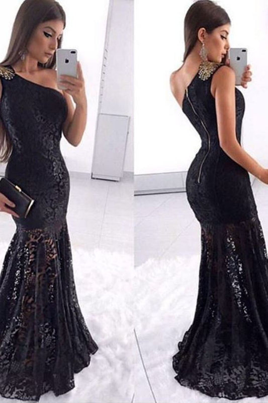 2024 Sexy Black Lace Prom Dresses One Shoulder