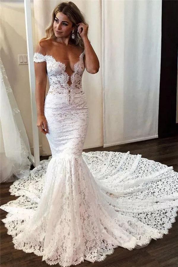 Sexy Off the Shoulder Lace Mermaid Ivory Wedding Dresses, Long Bridal Dresses STC15344