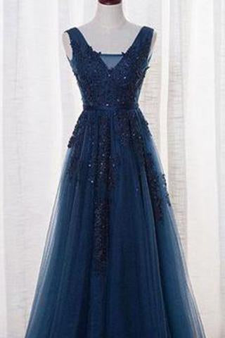 Elegant Tulle Appliques Beaded A-Line Sleeveless Backless Blue V-Neck Prom Dresses