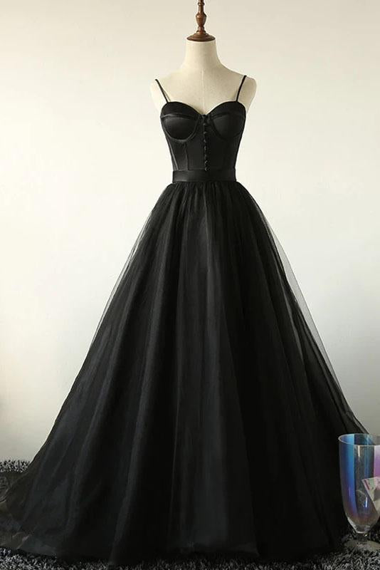 Charming Black Spaghetti Straps Sweetheart Tulle Evening Dresses, Formal STC20398