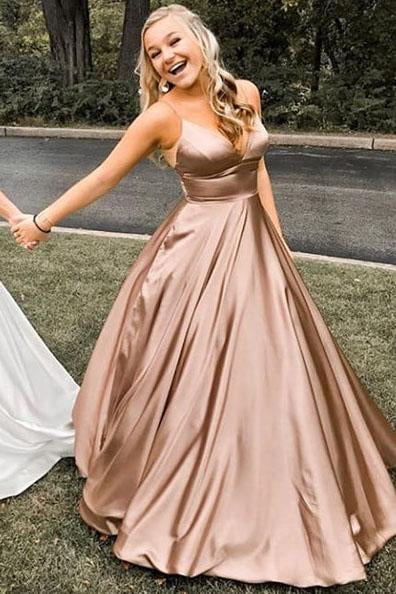 Simple A Line Spaghetti Straps V Neck Prom Dresses with Pockets, Backless Long Dance Dress STC15384