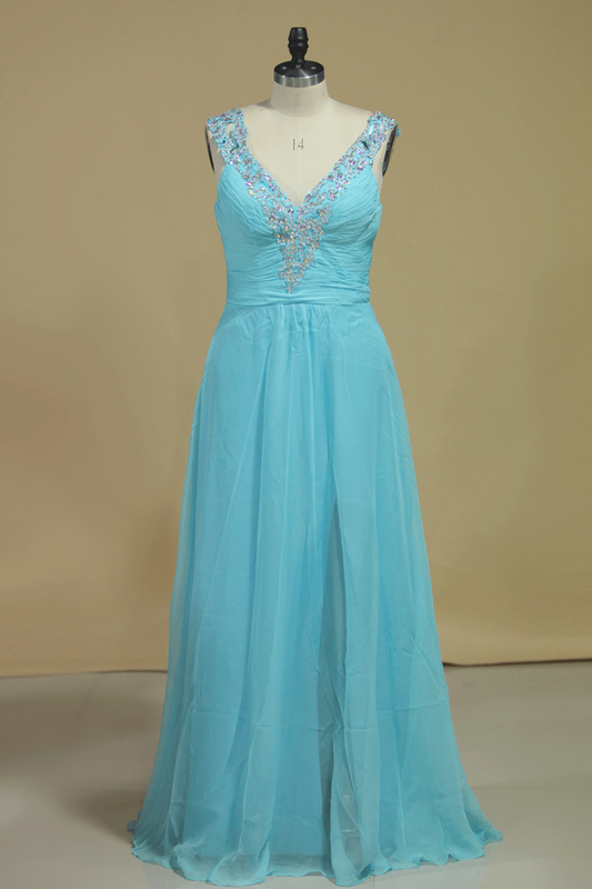 Chiffon Prom Dresses V Neck With Beading A Line Sweep Train