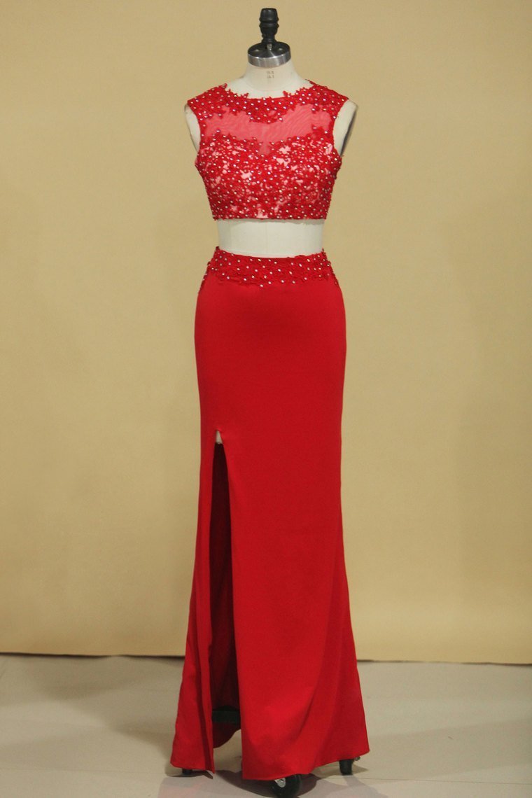 Red Two-Piece Scoop Sheath With Applique And Beads Spandex Prom