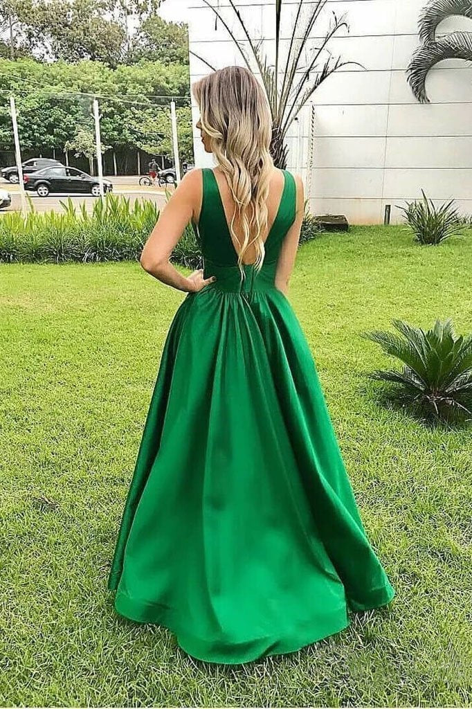 Elegant A Line Green Sexy V Neck Long Satin Backless Prom Dresses, Evening Dresses STC15509