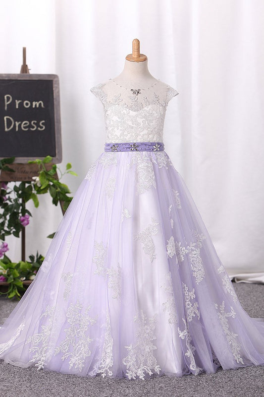 2024 Ball Gown Scoop Tulle Flower Girl Dresses With Sash/Belt
