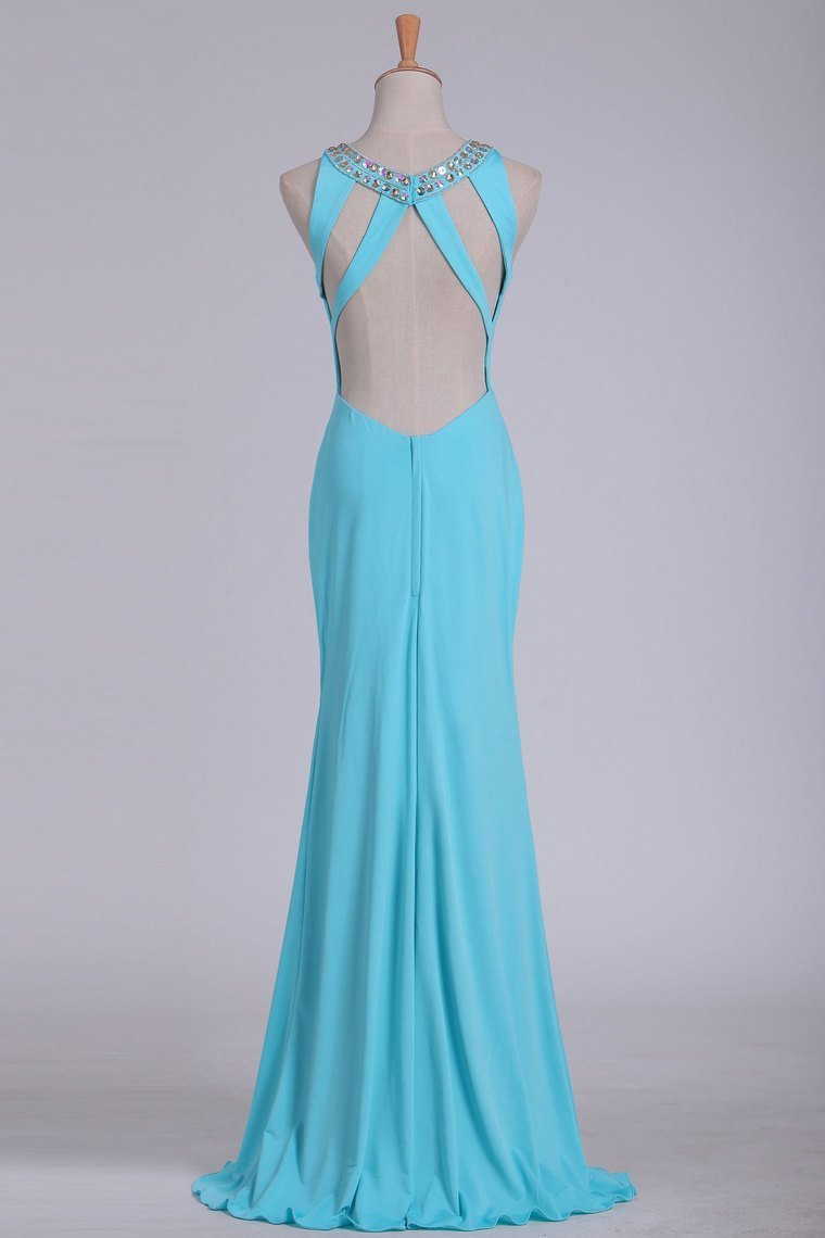 Sexy Open Back Scoop With Beads And Slit Prom Dresses Spandex