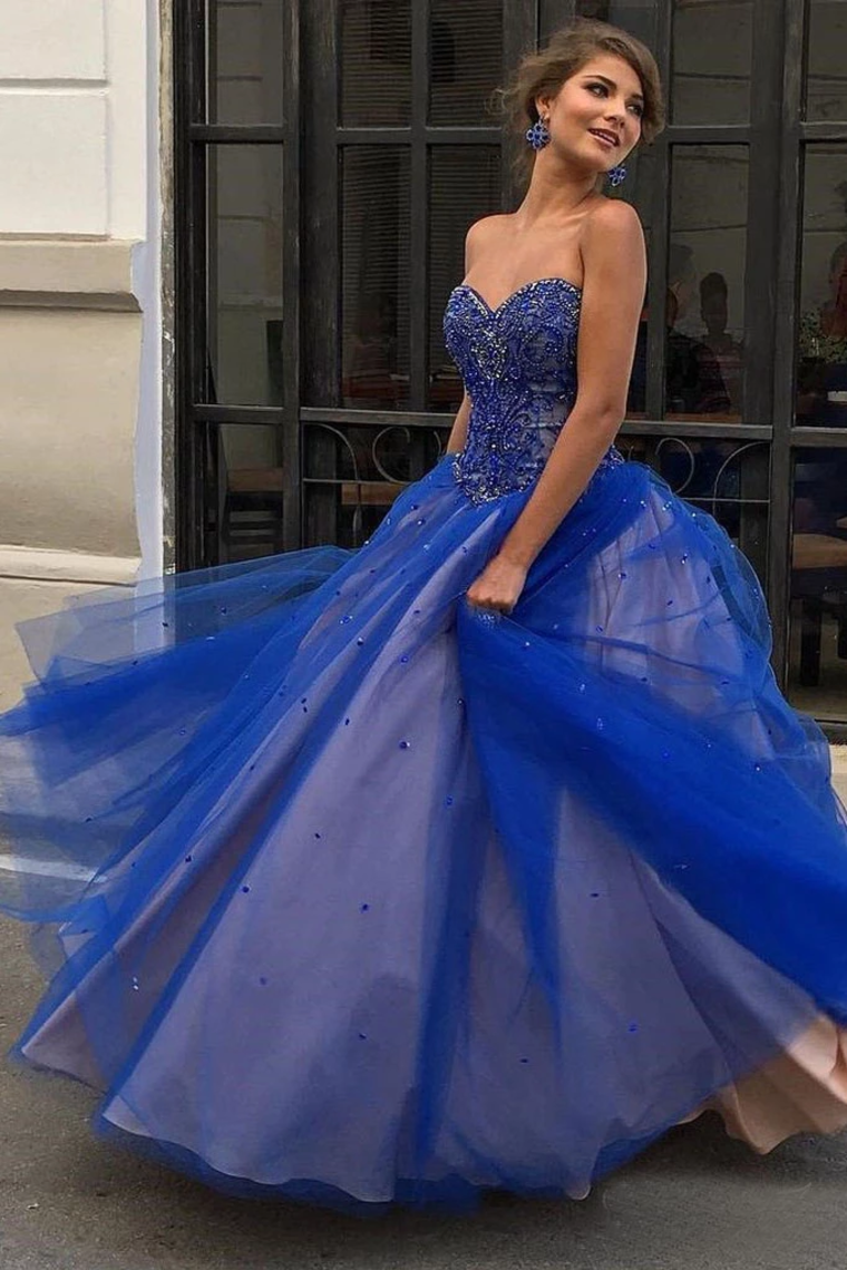Sweetheart Prom Dresses Tulle Ball Gowns With Beadings Floor