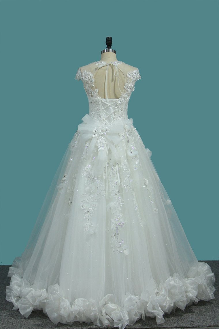 Top Quality Lace Ball Gown Cap Sleeve Wedding Dresses With Applique &