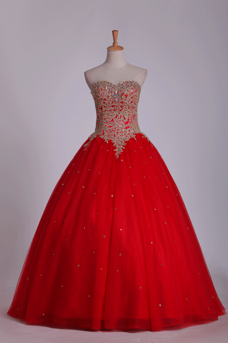 2024 Sweetheart Quinceanera Dresses Ball Gown Tulle With Beads & Applique Floor Length
