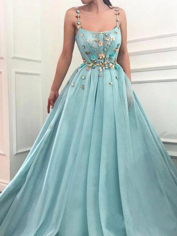 Elegant A Line Spaghetti Straps Tulle Scoop Prom Dresses with Appliques, Formal Dresses STC15512