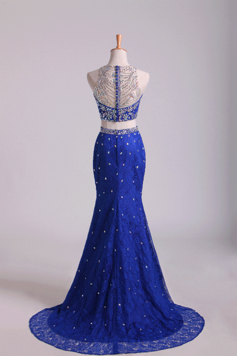 Two-Piece Scoop Mermaid Prom Dresses With Beading Lace Dark Royal