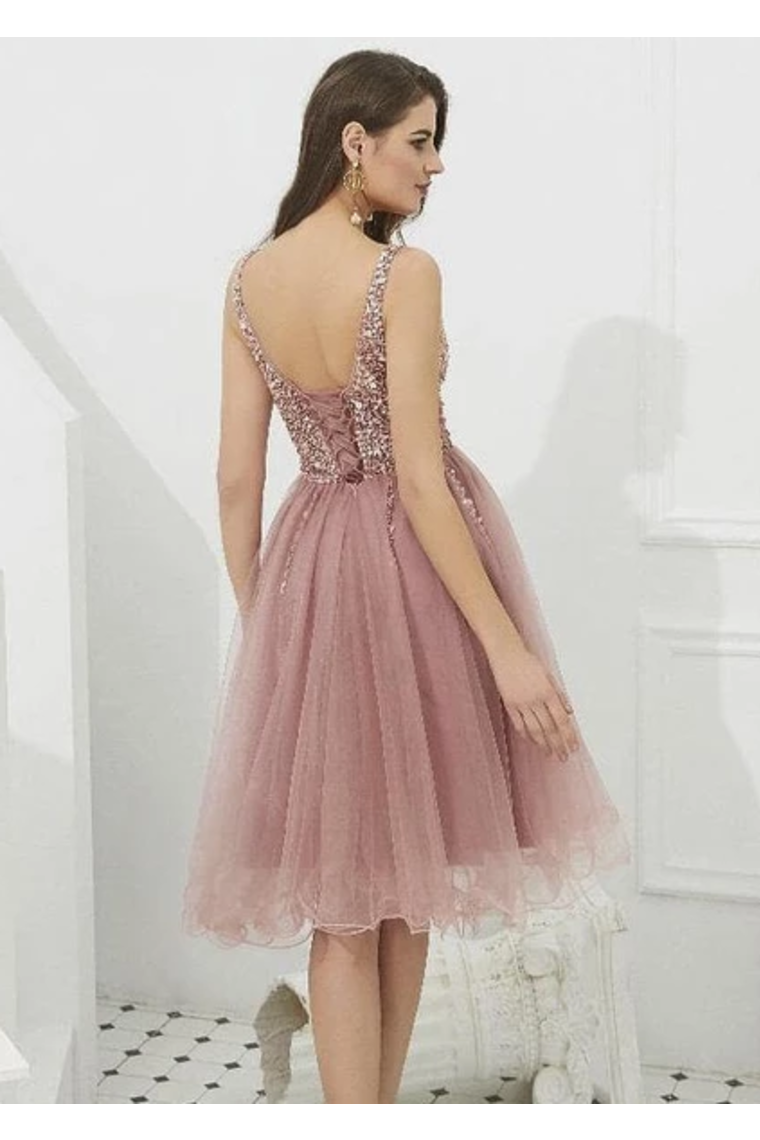 V-Neck Tulle With Beaded Short Homecoming