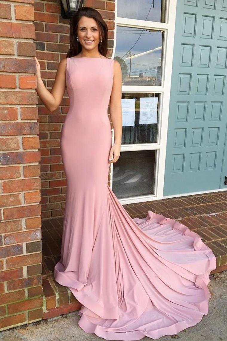 Boat Necking Long Sheath Pink Elegant Simple Cheap Prom Dresses Prom
