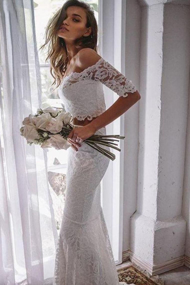 Two Pieces Ivory Lace Mermaid Off The Shoulder Wedding Dresses Beach Wedding STCPY4YB198