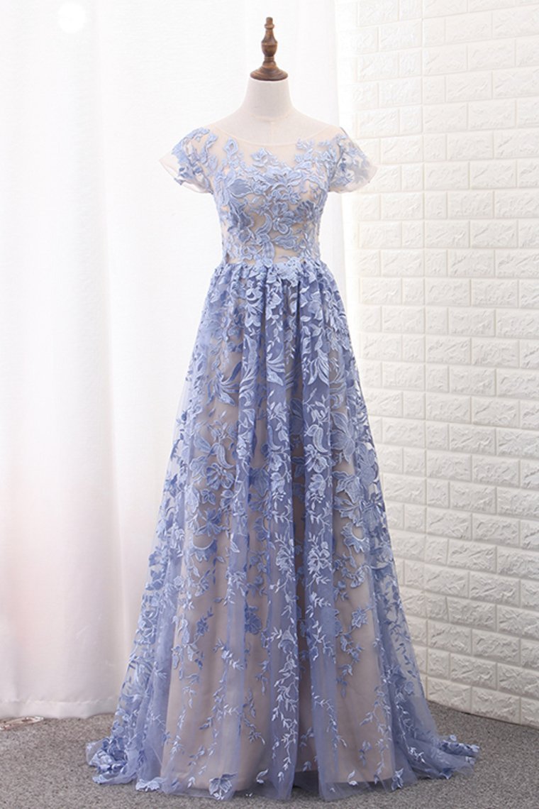 2024 Off The Shoulder Short Sleeves A Line Lace Prom Dresses Sweep