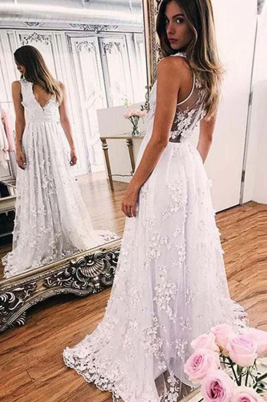 A Line V Neck Sleeveless Lace Wedding Dress Long Bridal Dress With STCP7LAJH3P