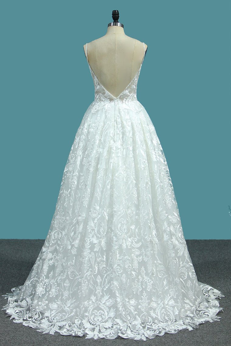 2024 A Line Lace Wedding Dresses Spaghetti Straps With Beads Sweep